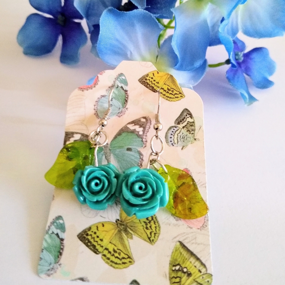 TURQUOISE ROSE LEAF CHARM EARRINGS 🌹🦋
